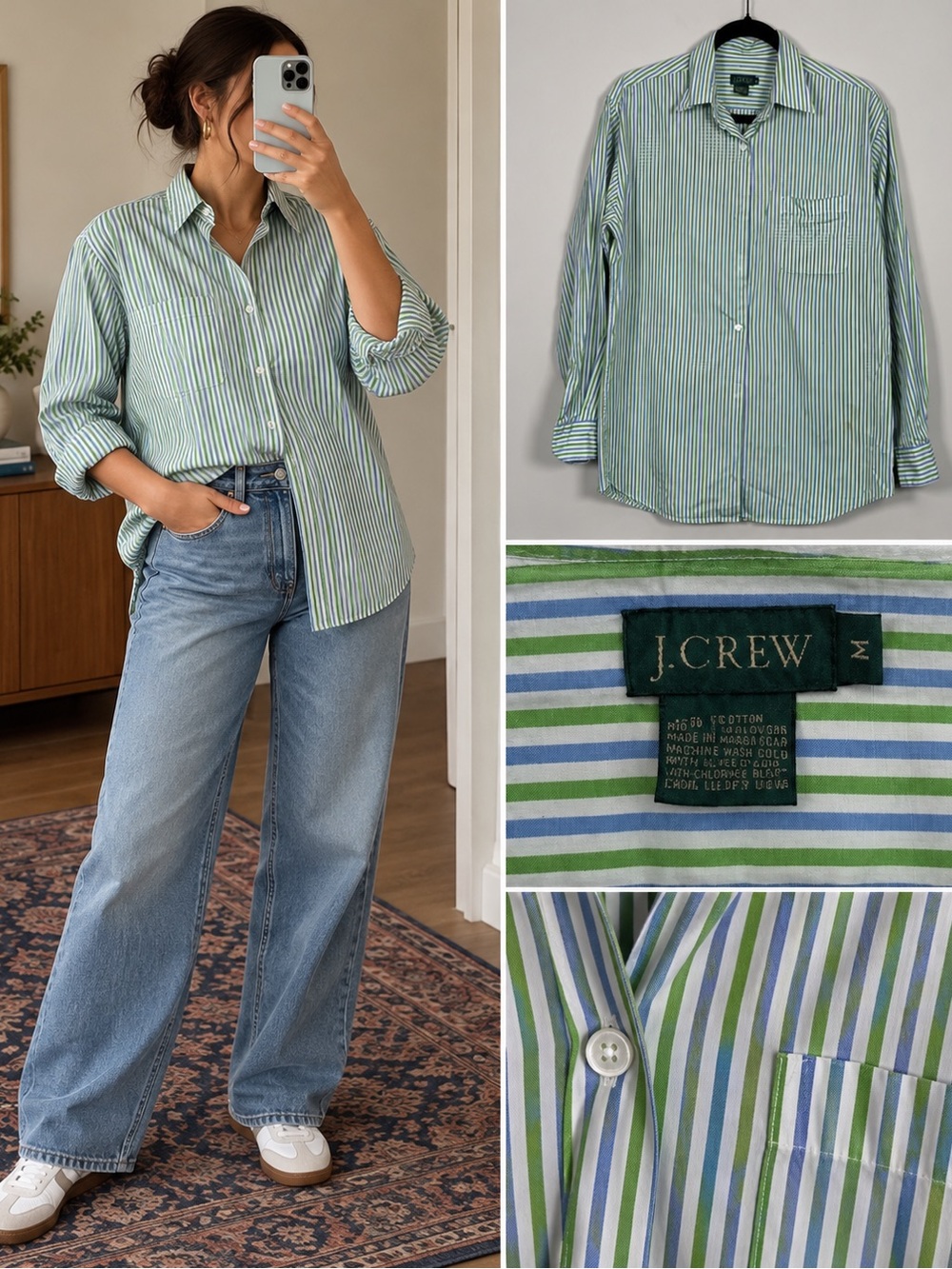 J.Crew Green Blue Striped Cotton Button Down Shirt Size M